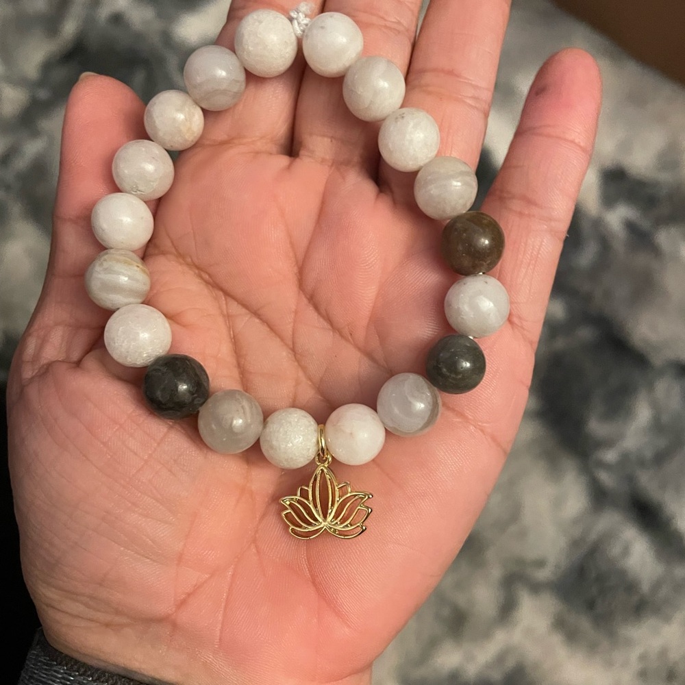 Elegant Gold and Gray Beaded Bracelet with Lotus Charm